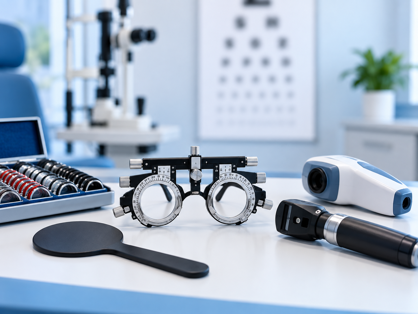Eye screening instruments arranged on a clinical surface